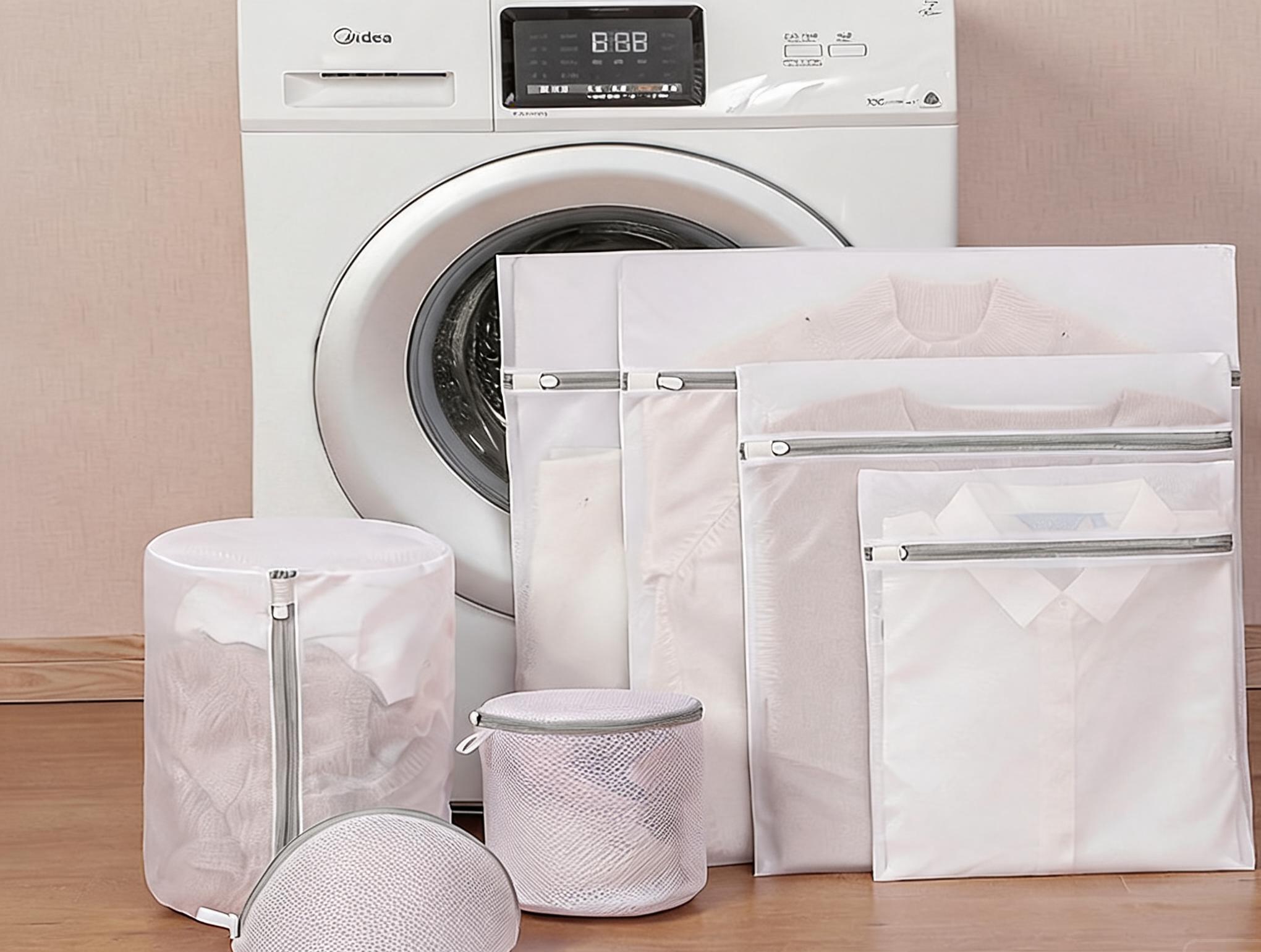 7-piece white fine mesh laundry bag set with flat rectangles and cylindrical bags