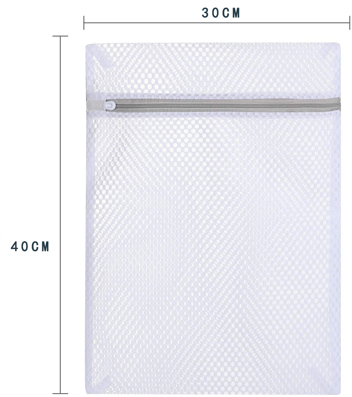 Single white fine mesh laundry bag with gray zipper
