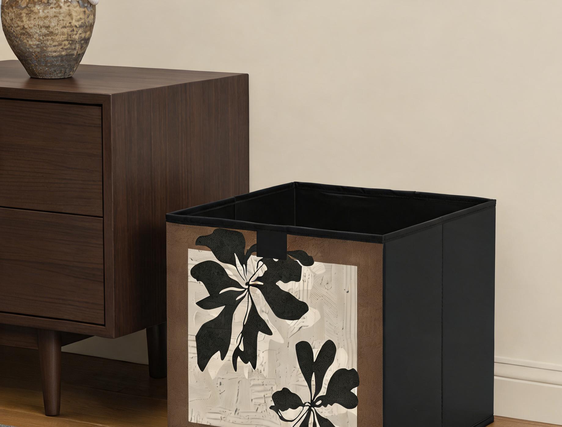 Decorative fabric storage basket with botanical pattern front panel