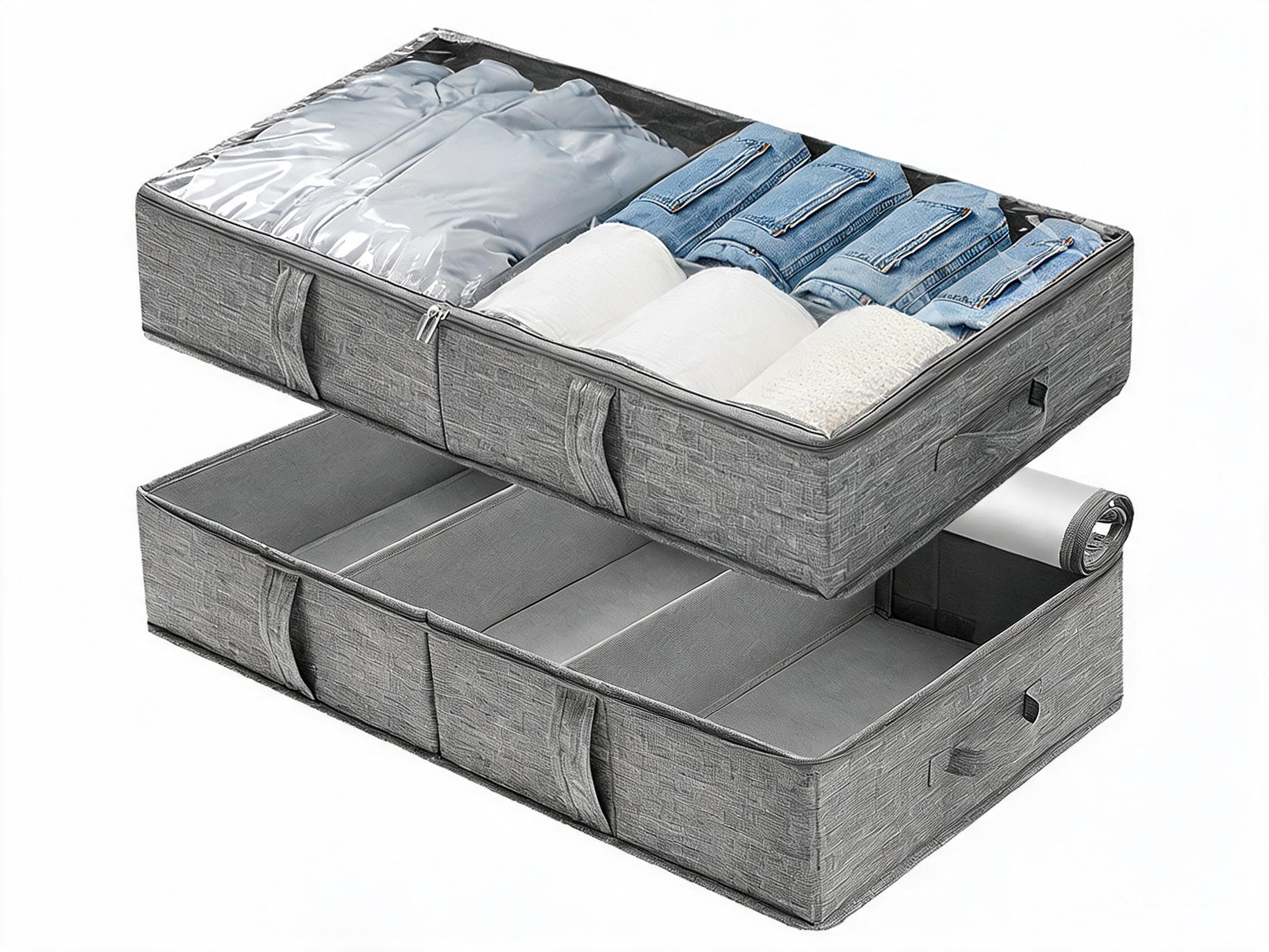 Gray fabric storage box with 5 divided compartments and clear top window
