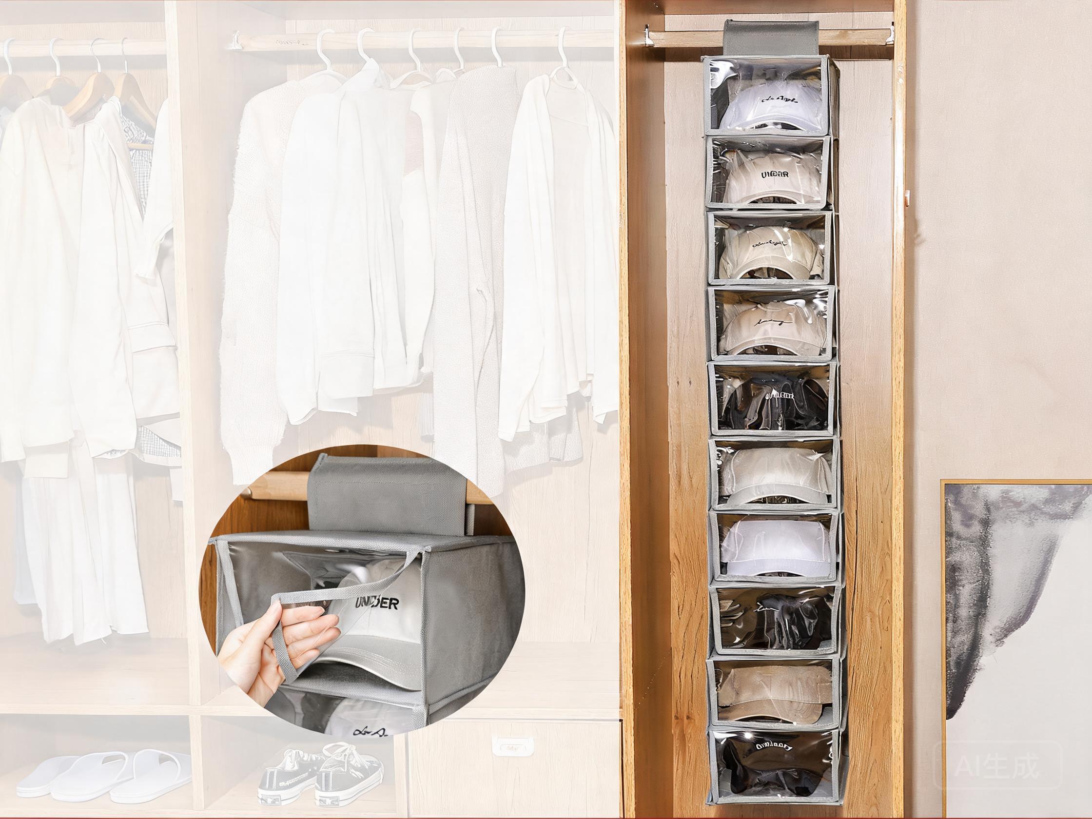 Hanging storage organizer with 10 transparent pockets for hats