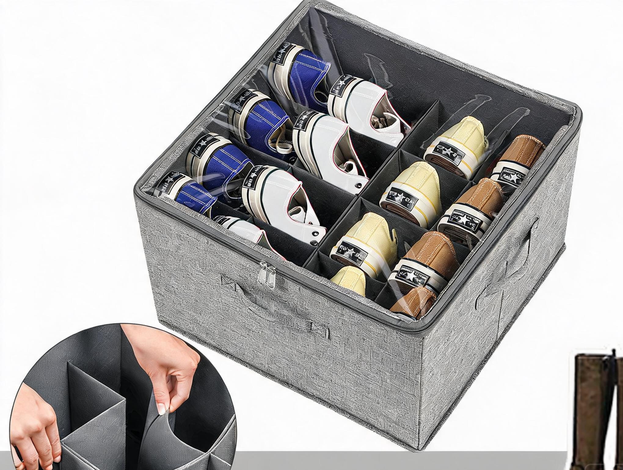 Foldable fabric shoe organizer box with transparent lid 8 cells